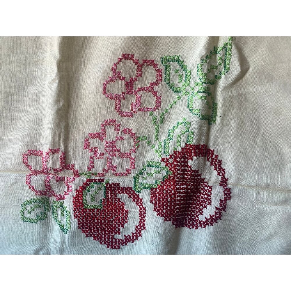 Pale yellow Vintage Linen Blend Handmade Tablecloth with Cross Stitched Cherries